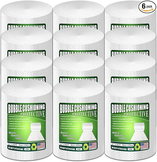 A&A Bubble Packing Wrap Roll 6 Pack, Made in USA, 12 Inch x 72 Feet, Perforated Every 12 Inch, Protective Cushioning for Shipping, Moving and Packing