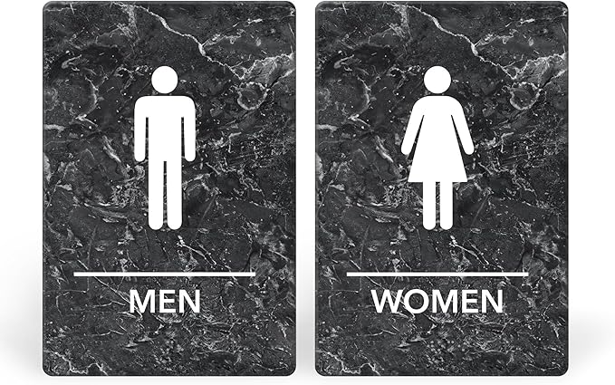 Promot Men and Women Restroom Sign – ADA Braille Bathroom Sign for Business, Self-Adhesive, 9" x 6", Commercial Door Signage, Office Wall Decor - Marble Charcoal