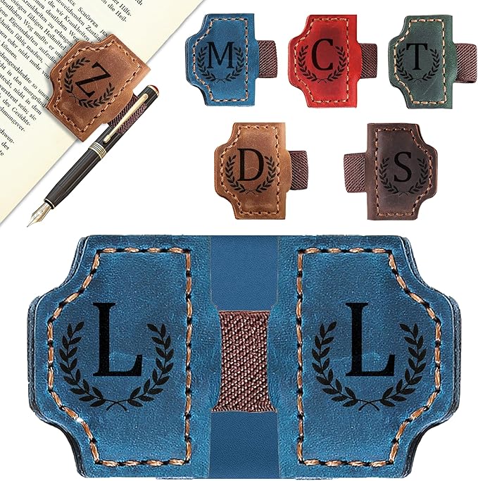 Bygone Mark Bookmark with Pen Holder, 26 Letters Name Initial Personalized Magnetic Bookmarks, Leather Book Mark for Men Women, Travelers Accessories, Teachers Readers Book Lovers Gifts (Blue, L)