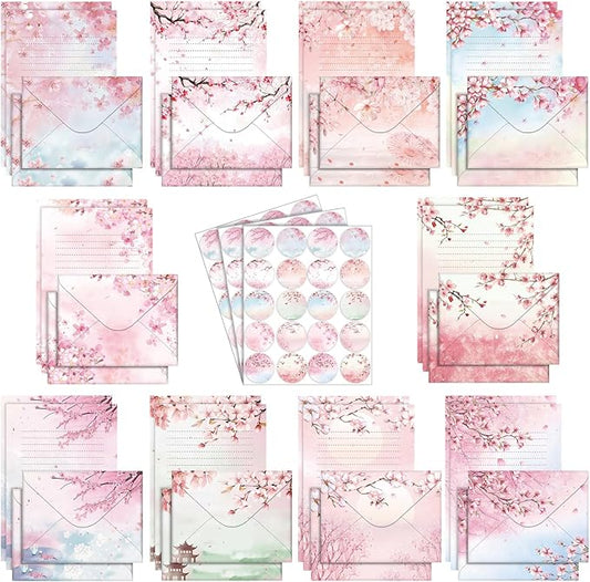 TaoBary 160 Pcs Stationery Paper Set 50 Double Sided Stationery Papers with 50 Matching Envelopes and 60 Round Dot Sticker, 10 Design(Cherry Blossom,5.5 x 8.25 Inch)