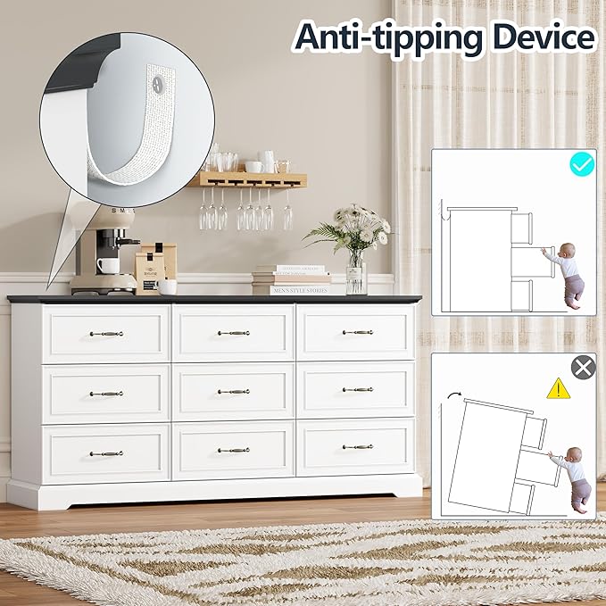 9 Drawer Dresser for Bedroom, 63" Wide Wooden Chest of Drawers, Rustic Farmhouse Dresser with Large Drawers & Metal Handles, Modern Storage Organizer for Closet, Living Room, Hallway, White