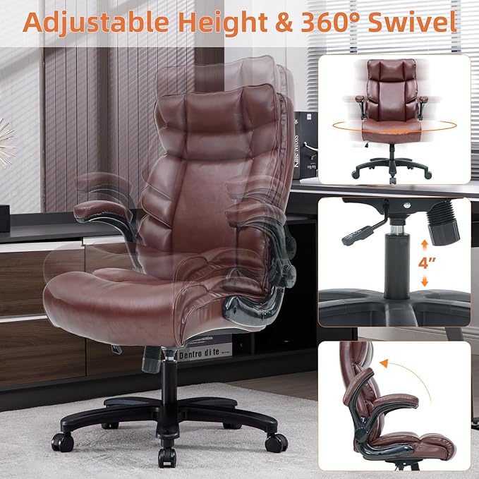 Big and Tall Office Chair 500lbs Wide Seat Executive Office Desk Chair High-Back Office Task Chair with Flip-Up Armrest, Ergonomic Lumbar Support Computer Office Chairs for Heavy People(Brown)