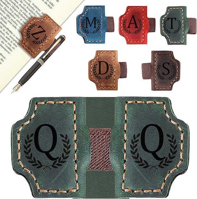 Bygone Mark Bookmark with Pen Holder, 26 Letters Name Initial Personalized Magnetic Bookmarks, Leather Book Mark for Men Women, Travelers Accessories, Teachers Readers Book Lovers Gifts (Green, Q)