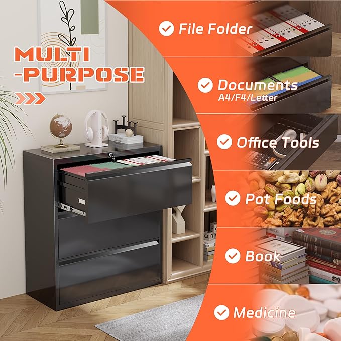 INTERGREAT Lateral File Cabinet with Lock, 3 Drawer Lateral Filing Cabinet for Legal/Letter A4 Size, Metal Steel Locking Black Wide File Cabinets for Home Office