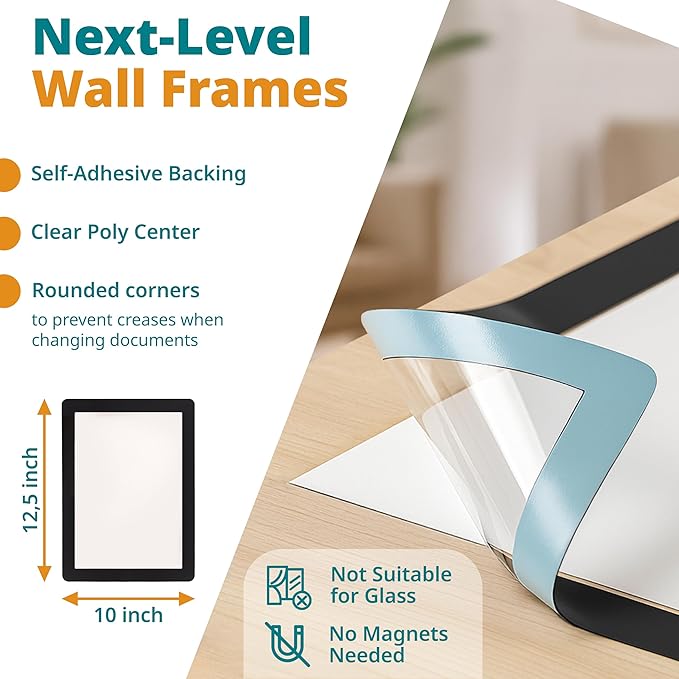 8.5 x 11 Adhesive Wall Frames - Peel & Stick Picture Frames, Wall Sign Holder, Paper Protector Sheets, Certificate Holders, Reusable Picture Frame, Dry Erase, Non Magnetic - White, Pack of 5