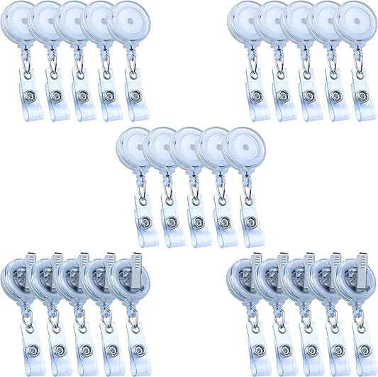25 Pack Badge Reels Retractable Badge Holder with Clip, ID Badge Reel, Retractable Clip with Clear Vinyl Strap & Alligator Swivel, No Twist Dispenser (Clear)