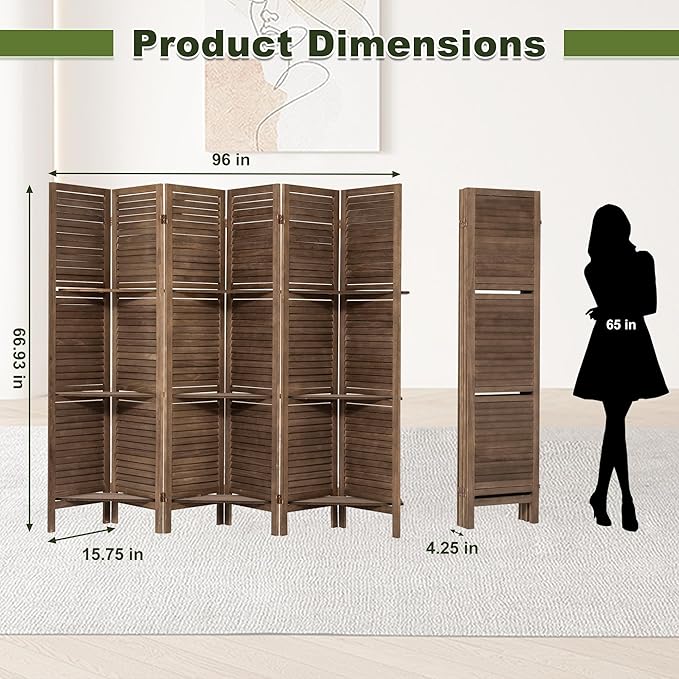 NicBex 6 Panel Room Divider,5.6FT Wood Carved Room Dividers with Display Shelves Folding Privacy Screens Portable Freestanding Partition Wall Dividers for Room Separation, Bedroom Office,Dark Brown