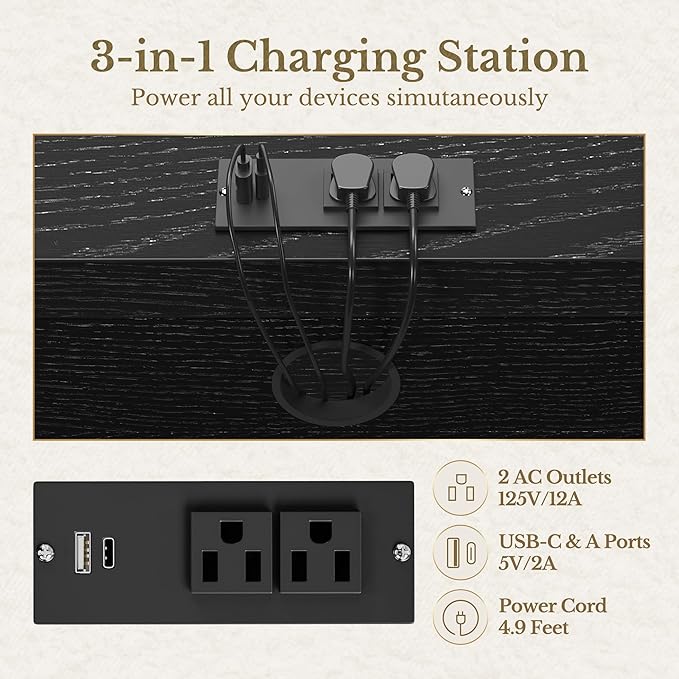 4 Drawer File Cabinet, Fluted Wood Lateral Filing Cabinet with Lock and Charging Station for Home Office, Printer Stand with Open Storage Shelves, Fits A4, Letter Size, Black