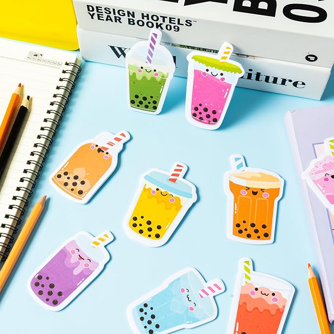 Xqumoi 30 Pack Bubble Tea Sticky Notes, Total 600 Sheets, Boba Milk Tea Theme Self Sticky Notepads Memo Pads Page Marker for Office School Student Kids Class Birthday Party Favors Goodies Bag Fillers