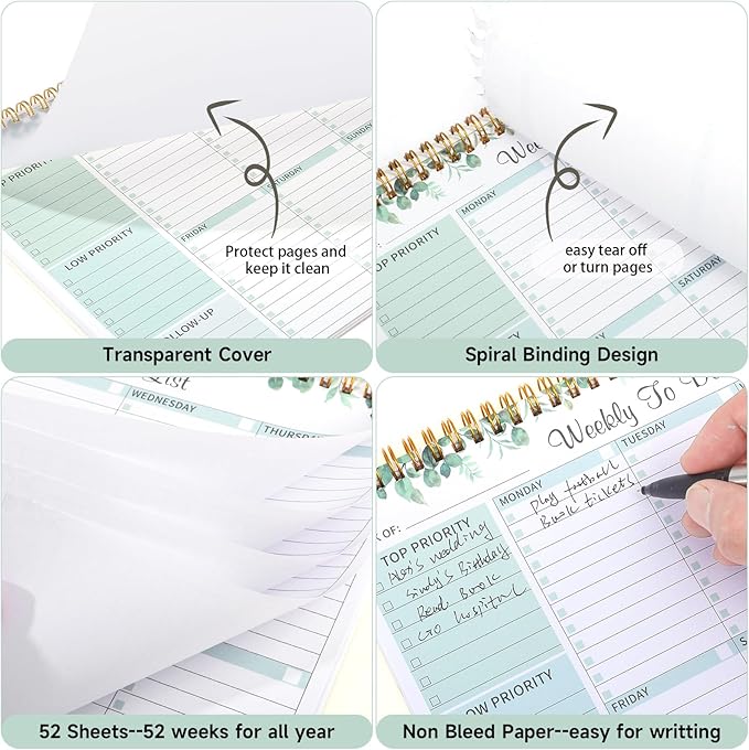 Thboxes 52 Sheets Weekly To Do List Notepad, 8.5" x 11" Efficiently Plan Weekly Task List Notepad for Student Work Home Office School Improve Focus and Efficiency Weekly Planner Green