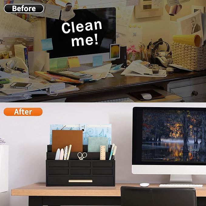 Black Wood Desk Organizer and Accessories with Drawer, Bill Mail Organizer and File Mail Holder for Office Supplies, Rustic Desk Accessories & Workspace Organizers for Desk Organization