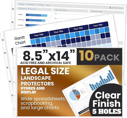 PERFORMORE 10 Pack of 8.5” x 14” Heavyweight Landscape Sheet Protectors, Legal Paper Sleeves, Clear Archival Quality, Horizontal Legal Size Clear Sheet Protectors for Binders Documents