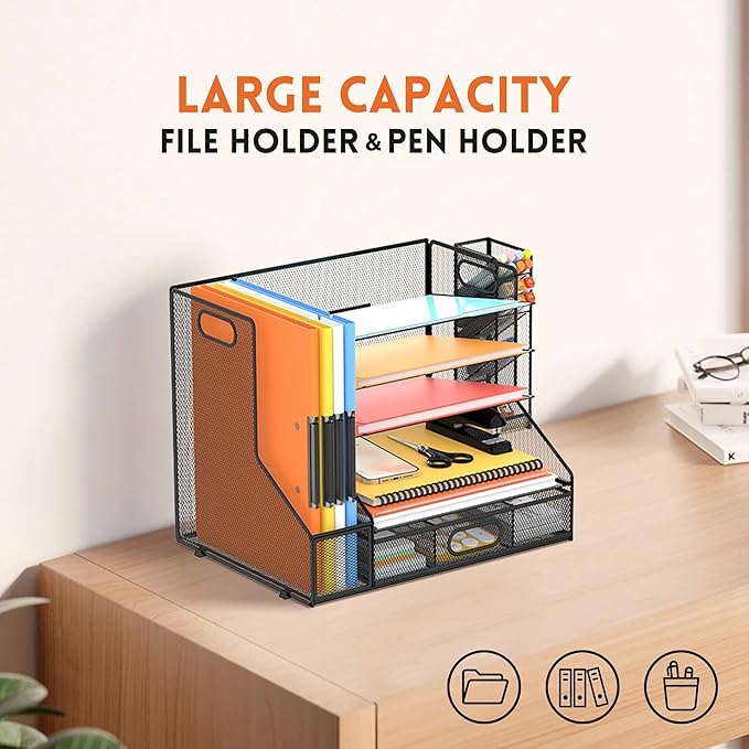 DALTACK Mesh Desk Organizer, 5-Tier Paper Letter Tray with File Holder & Pen Holder & Sliding Drawer, Desktop Organizer and Storage for Desk Accessories Office Supplies, Black