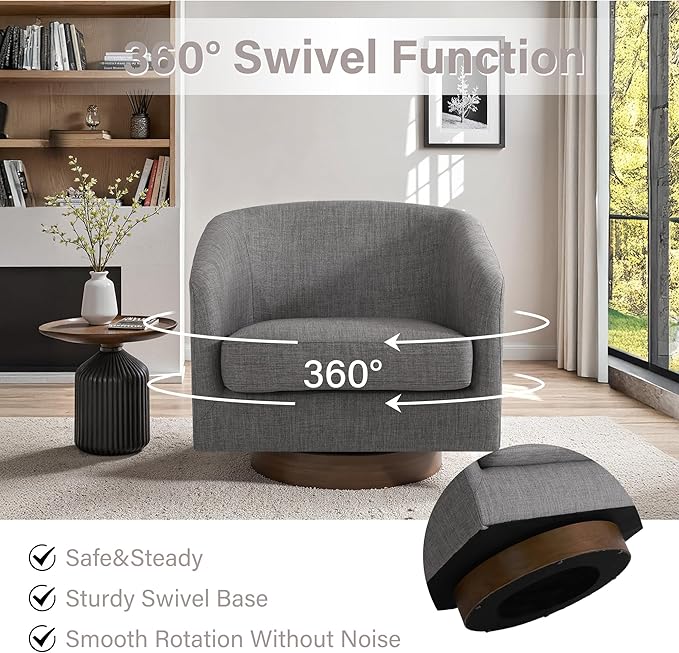 UIXE Swivel Accent Chair with Wood Base, Fabric Upholstered Barrel Chairs for Living Room, Comfy Round Armchair Single Sofa Bedroom Reading Seat - 31" W, Gray