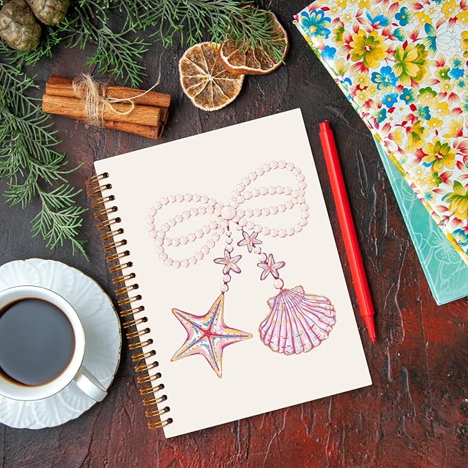 JXREQ Preppy Cute Pink Bow Seashell Starfish Journal Notebook for Women Note Taking Writing, Coquette Journal School Office Supplies, Girly Spiral Notebooks 5.5x8.3