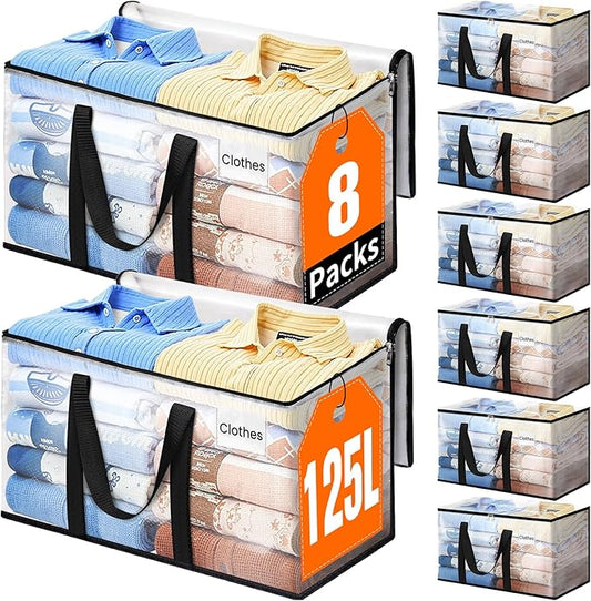 Extra Large Heavy Duty Moving Bags, Storage Bags with Strong Zippers & Handles, Packing Bags for Moving Essentials, Ideal Storage Tote for Home, Dorm & Storage Solutions, 125L 8 Packs Clear