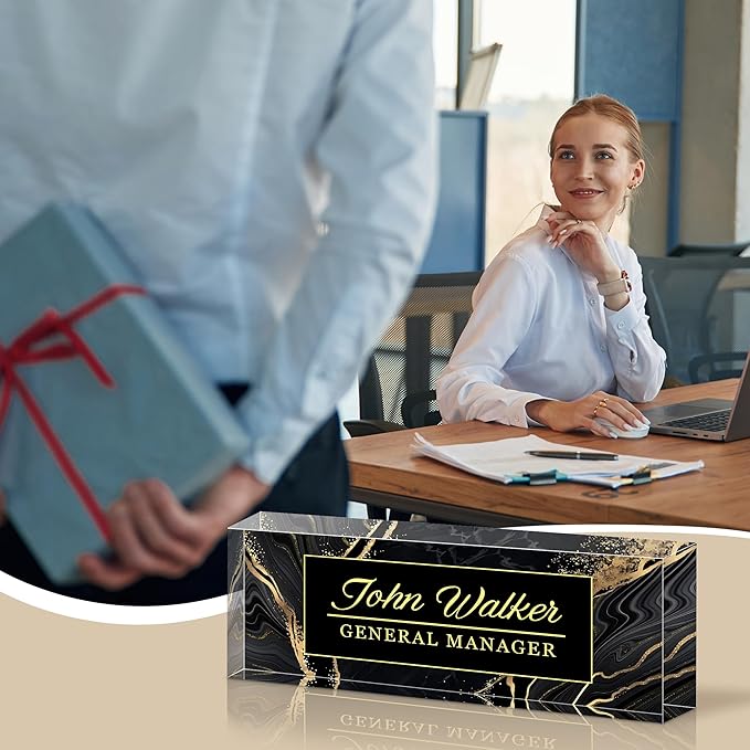 Ship Next Day Personalized Name Plate for Desk, Custom Acrylic Desk Name Sign, Office Appreciation Gifts for Women Men Coworkers Boss Teacher Employee (Black Marble)