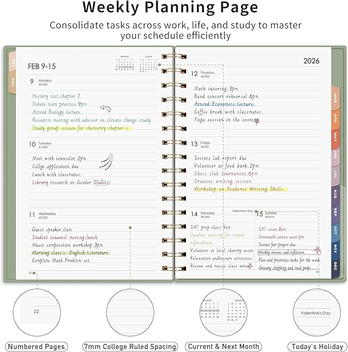 RETTACY 2026 Planner, Weekly and Monthly, Medium Size (5.7" x 8.3"), Jan - Dec 2026, Agenda, Calendar, 12 Month Tabs, Flexible Plastic Cover, 100 GSM Thick Paper, Spiral-bound (Light Green)