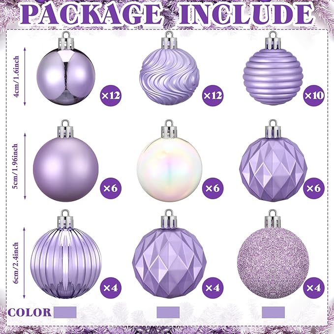 64 Pcs Lilac Purple Christmas Ball Ornaments Lavender Purple Christmas Ornaments Shatterproof Xmas Tree Decorations Set 1.6/1.97/2.4 Inch Light Pastel Purple Christmas Decor for Tree Home