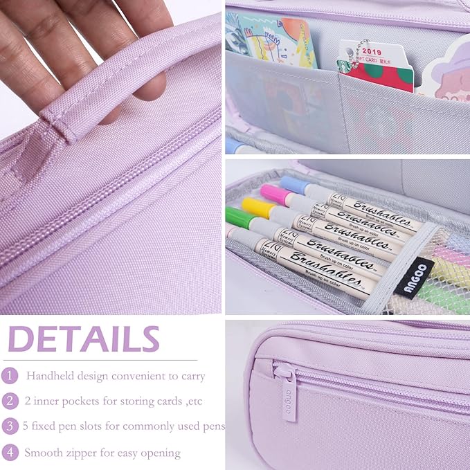 MAMUNU Pencil Case Large Capacity with 3 Compartments, Pencil Case Pouch Bag with Zipper Handle Portable Pen Stationery Organizer for Teen Girls Adults College School Office Travel, Purple