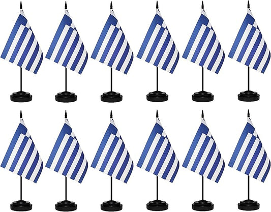 Greece Flags Greek Desk Flags Set Small Mini Greece Flags Table Flag with 13" Black Pole, Black Base and Spear Top, Miniature Greek Deluxe Desktop Flag, Home Decoration, Office Decoration, Festival