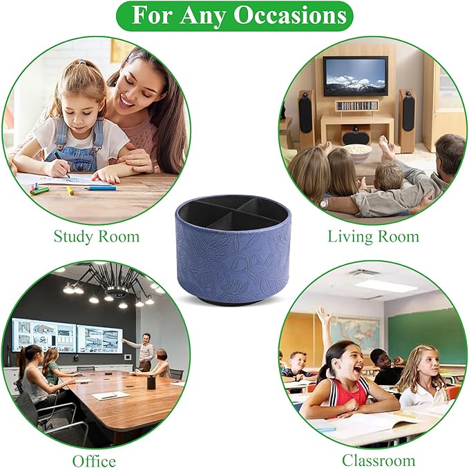 Hennaja Round Leather Art Supply Organizer,Remote Control Holder,360 Degree Spinning,Multi-Functional Pencil Holder,4 Compartments Desktop Stationary Organizer(1-Carved Dark Blue)