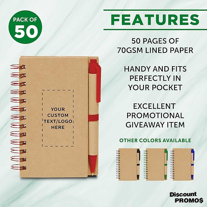 Custom Mini Spiral Notebooks with Black Ink Pens Set of 50, Personalized Bulk Pack - Perfect for School, Office, Business, Home - Red