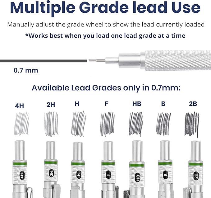 Pacific Arc Chromagraph Metal Mechanical Pencil .7 mm Silver Barrel Mechanical Pencil with Built In Lead Pencil Grade Indicator, Lead Pencil Holder for Drafting, Sketching, and Drawing