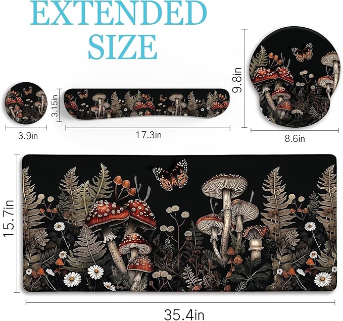 Mushroom Mouse Pad Set Large Desk Matt for Desktop, Ergonomic Mouse Pad with Wrist Rest, Gaming Mouse Pad Wrist Support Keyboard Mat Cup Coaster Set Office Desk Decor Accessories