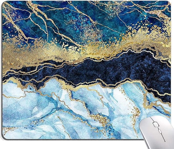 Mouse Pad, Marble Mouse Pad, Premium-Textured Mouse Mat Square Waterproof Non-Slip Rubber Base Computer Mousepad for Office Laptop Desk, Blue Gold Cracked Marbling