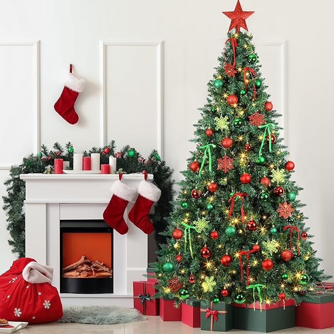 86Pcs Led Light Red and Green Christmas Tree Decorations Set 100 Led Light Christmas Star Trees Topper with String Lights Xmas Balls Snowflakes Ornaments Bows Xmas Trees Decor 20m Light String