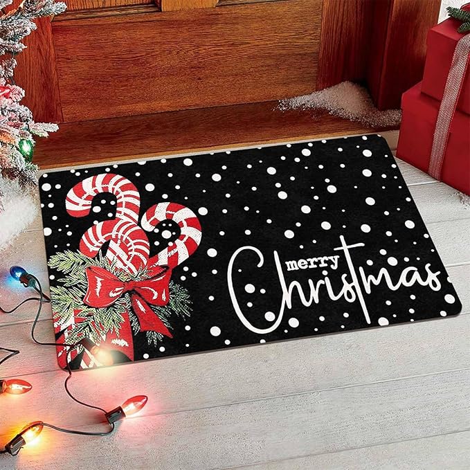Christmas Door Mat Entrance Decoration Christmas Candy Cane Welcome Mat Black Door Front Porch Rug for Outside Front Porch Entryway Decor, 18" x 30"Inch