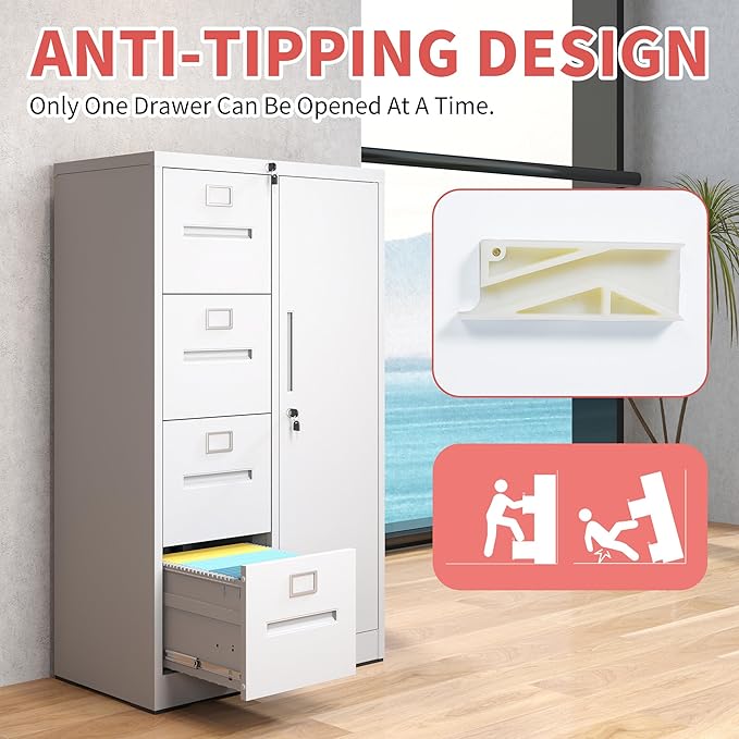 4 Drawer File Cabinet with 1 Door,Metal Storage Locker Cabinets for Employees,Home Office Filing Cabinets for Legal/Letter Size Files,Assembly Required