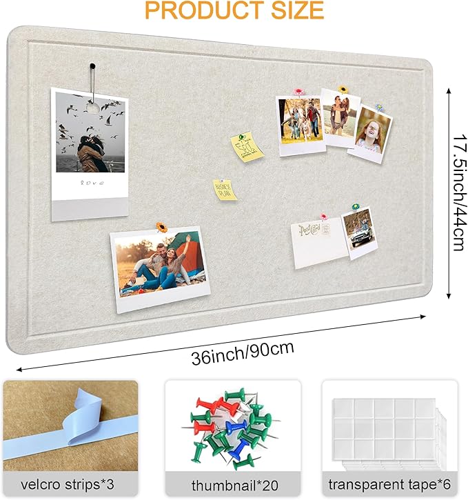 Large Bulletin Board - Foldable 36x17.5 Inches Cork Board Alternative with 20 Push Pins, Self-Adhesive Felt Bulletin Board for Wall, Home Office Classroom Decor