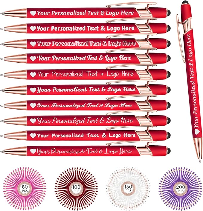 STREADVE Personalized Custom Pens 10 Engraved Writing Pen with Name Logo, Customized Promotional Items Stylus Pen Gifts for Women Realtor Reunion Wedding Business, Red