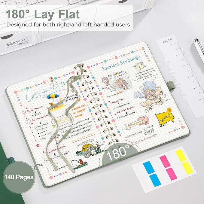 EMSHOI B5 Graph Grid Notebook -140 Pages 100GSM Grid Paper, Vegan Leather Floral Cover with Spiral Binding for Engineering, Bullet Journaling, School & Work - Includes Ruler, Pockets & Stick-Rose Gold