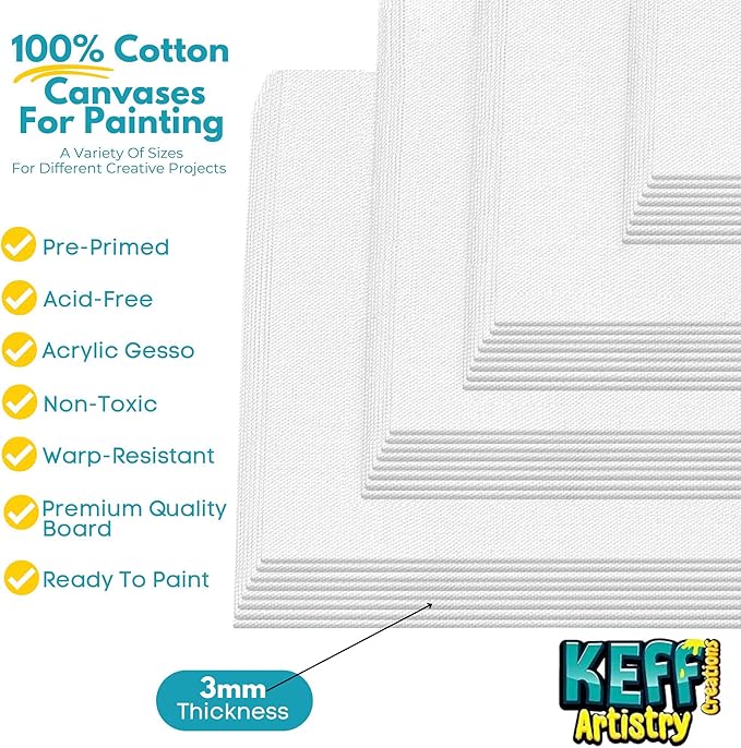 KEFF 32-Pack Bulk Canvas for Painting, 8 of 5x7, 8x10, 9x12, 11x14 Canvas Boards for Painting, Art Supplies for Adults & Kids - 100% Cotton Primed Painting Canvas for Acrylic, Oil, Watercolor, Tempera