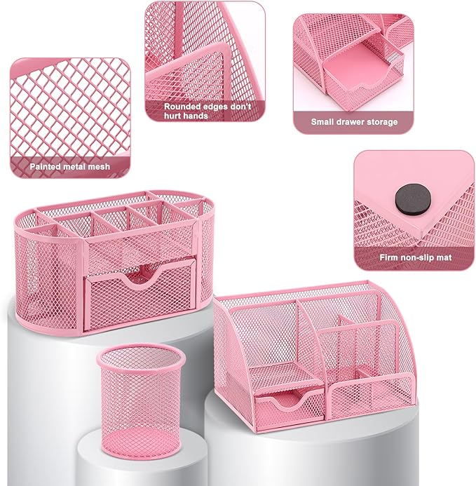 17 in 1 Pink Desk Organizers and Accessories Set, 3 Office Desk Supplies Storage Organization, 4 Pens, Stapler, Staples & Remover, Tape & Dispenser, Scissors, Ruler, Clips, Hole Punch, Back to School