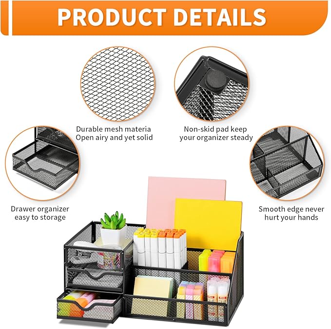 Lavatino Larger Mesh Desk Organizer with Drawers, Multifunctional Desk Organizers and Accessories with 6 compartments + 2 Drawer, Office Desktop Organization for supplies (Black)