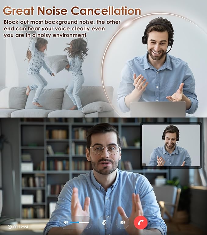 (Upgraded Version) Wireless Headset, Bluetooth Headset with Noise Cancelling Microphone, Best Headphones with Mic Mute & USB Dongle for PC/Computer/Laptop/Cell Phones/Remote Work/Call Center