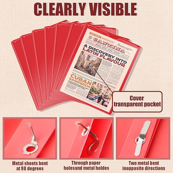 Pastel Plastic File Folders with Pockets and Prongs, 7 Pack, A4 Letter Size, Heavy Duty Waterproof Office Folders with Clear Front Cover for School, Home, and Office (Red)