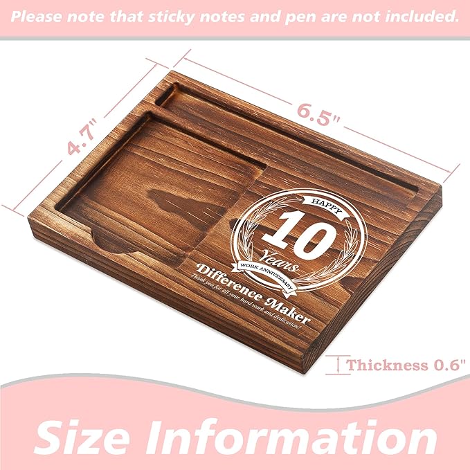 10th Work Anniversary Sticky Note Holder Wooden Notepad & Pen Holder 6.5" x 4.7" Sticky Note Pad Holder Dispenser for Desk Difference Maker Work Appreciation Gifts, NPA228
