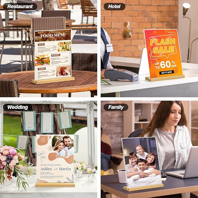 8.5 x 11 Acrylic Sign Holder with Wood Base - Tabletop Display Menu Stand - Clear Plastic L/T Shape Vertical or Slant Back Paper Holders - 3 Pack