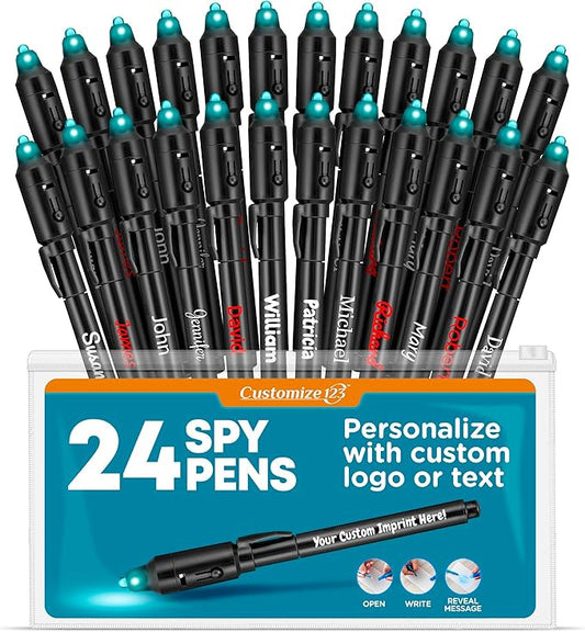 Personalized Invisible Disappearing Ink Pen Marker Pack, Custom Secret Spy Message Writer with UV Light, Fun for Kids Party Favors Gifts and Stock Stuffers, 24 Pack, Black