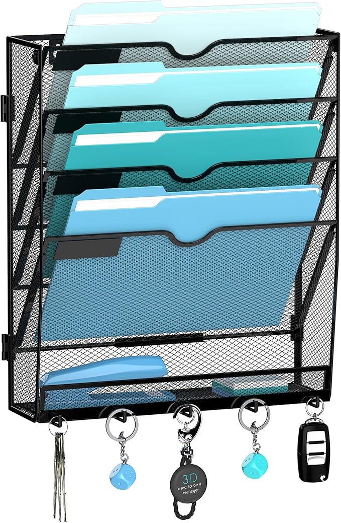 Wall File Organizer with 5 Hooks 5 Tier Hanging File Organizer, Vertical Wall Mount Mail Organizer for Papers, Folders, Magazines, Bills, Office&School Organization, Black
