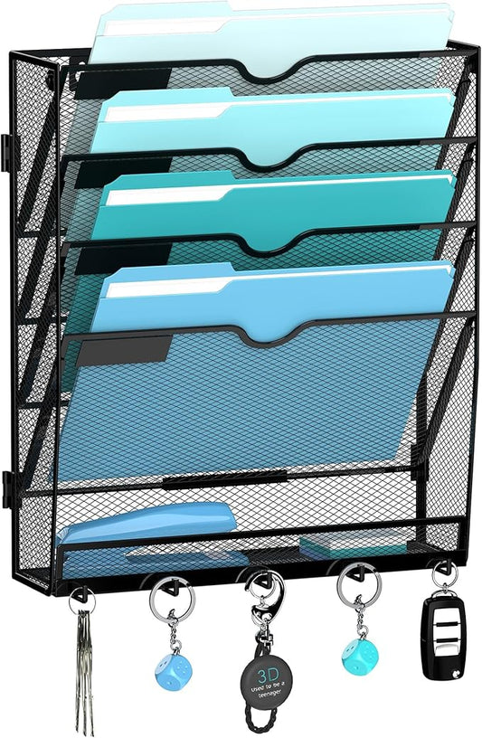 Wall File Organizer with 5 Hooks 5 Tier Hanging File Organizer, Vertical Wall Mount Mail Organizer for Papers, Folders, Magazines, Bills, Office&School Organization, Black