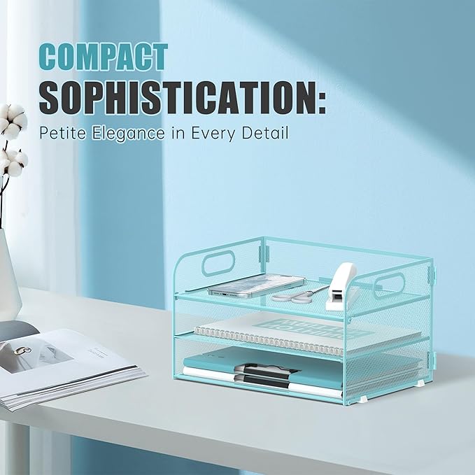 Daltack 3-Tier Paper Organizer with Handle, Mesh Desk Organizer Letter Tray, Blue