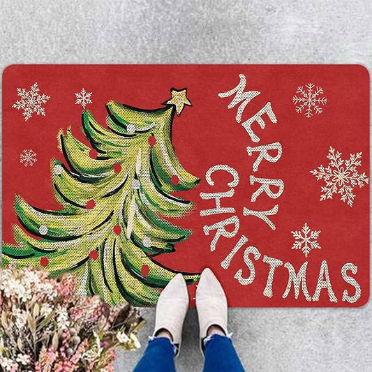 InterestPrint Christmas Doormat Outdoor Entrance Non-Slip Rug Front Porch Rugs, Christmas Tree Snowflakes Welcome Mat Front Door Rug Outdoor Funny Door Mat, 18" x 30"Inch