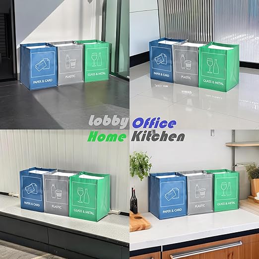 YOUNG DA Reusable Recycle Bags, 3-Piece Separate Recycling Bin Set for Home, Kitchen, and Office - Waterproof Recyclable Waste Sorting Organizer