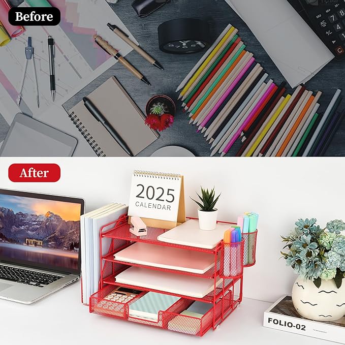 gianotter Paper Letter Tray Organizer with File Holder, 4-Tier Desk Accessories & Workspace Organizers with Drawer and 2 Pen Holder, Desk Organizers and Accessories for Office Supplies (Red)